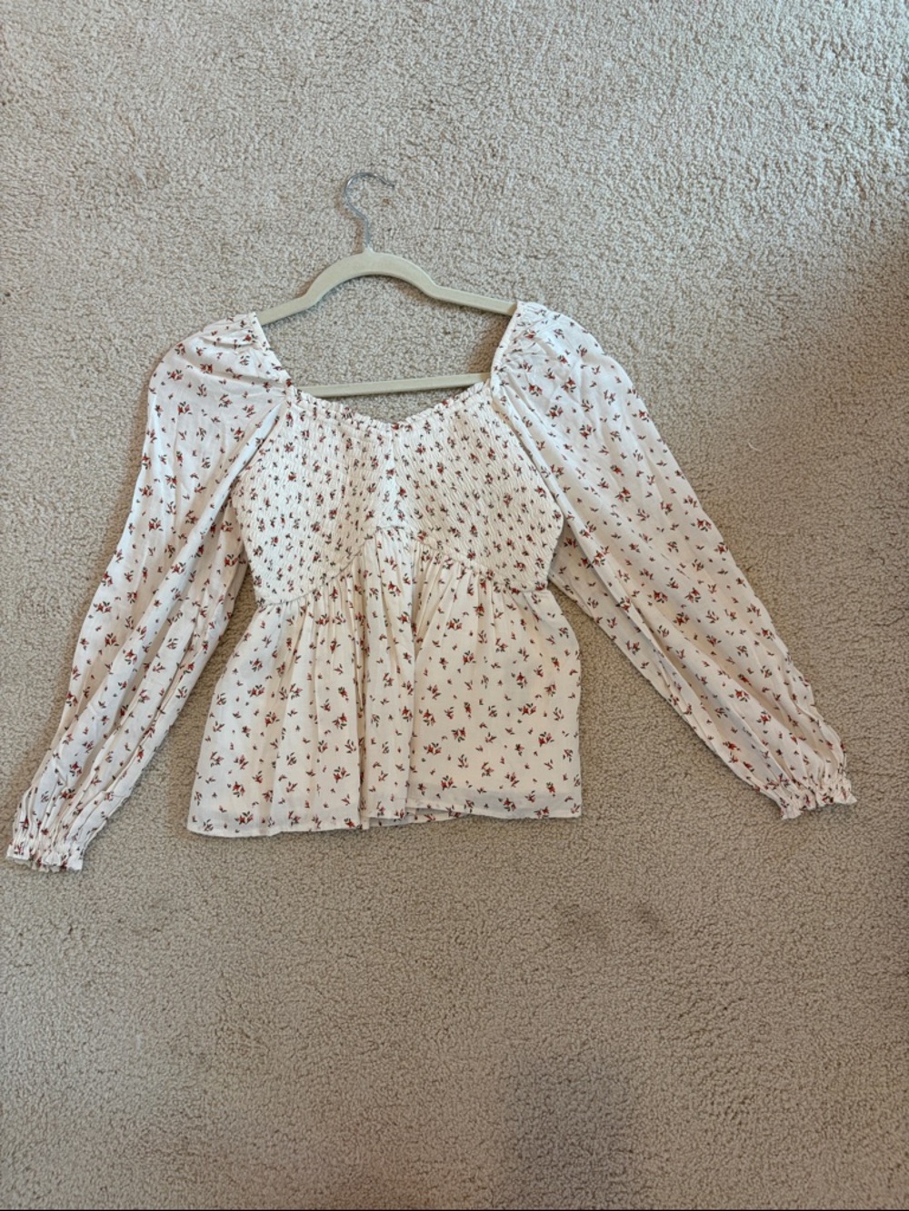 Nordstrom Cream Smocked Peasant Blouse with Red Floral Print